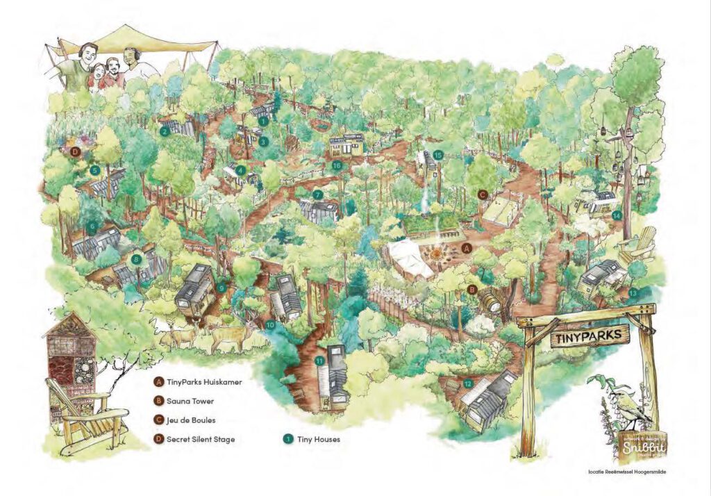 Handgetekende plattegrond met aquarelpotlood ingekleurd. Birdview van een klein park met veel bos en natuur. Opgezet door Tinyparks